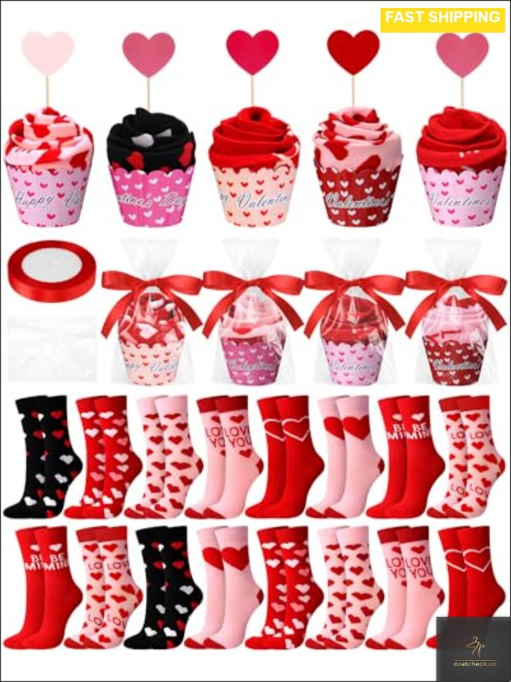 16 Pair Valentine's Cupcake Socks Gift Set Heart Pattern Crew Socks